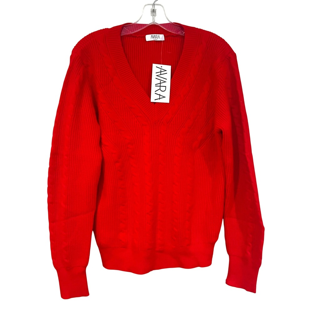 Avara Meagan Chucky Cable Knit V-Neck‎ Sweater Women's XL Red Preppy Classic Y2K